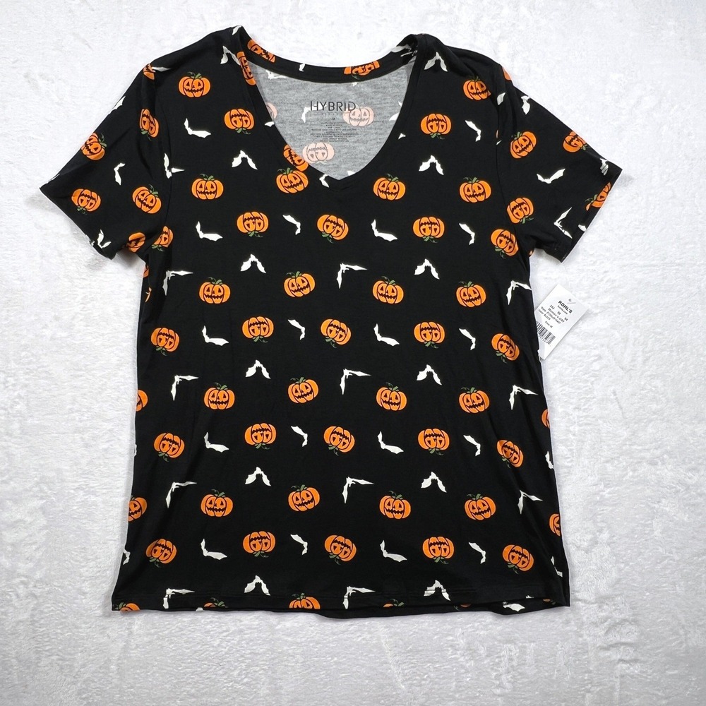 Hybrid Apparel Womens Halloween Pumpkin Bat V-Neck T-Shirt Black Size M NWT